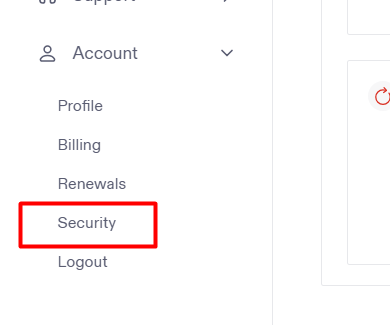 2FA setup on your GO54 client area - Click on Account and select the Security submenu