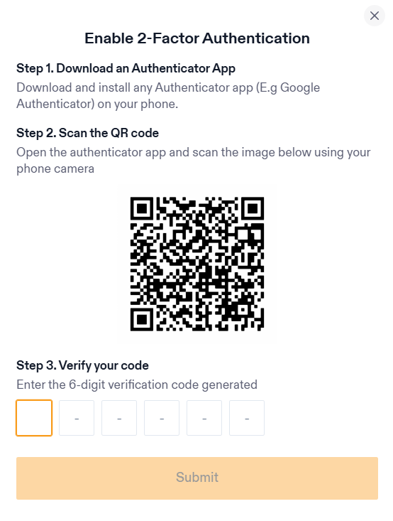 2FA setup on your GO54 client area - Scan the QR code on the pop-up and then enter the 6 digits in the space provided